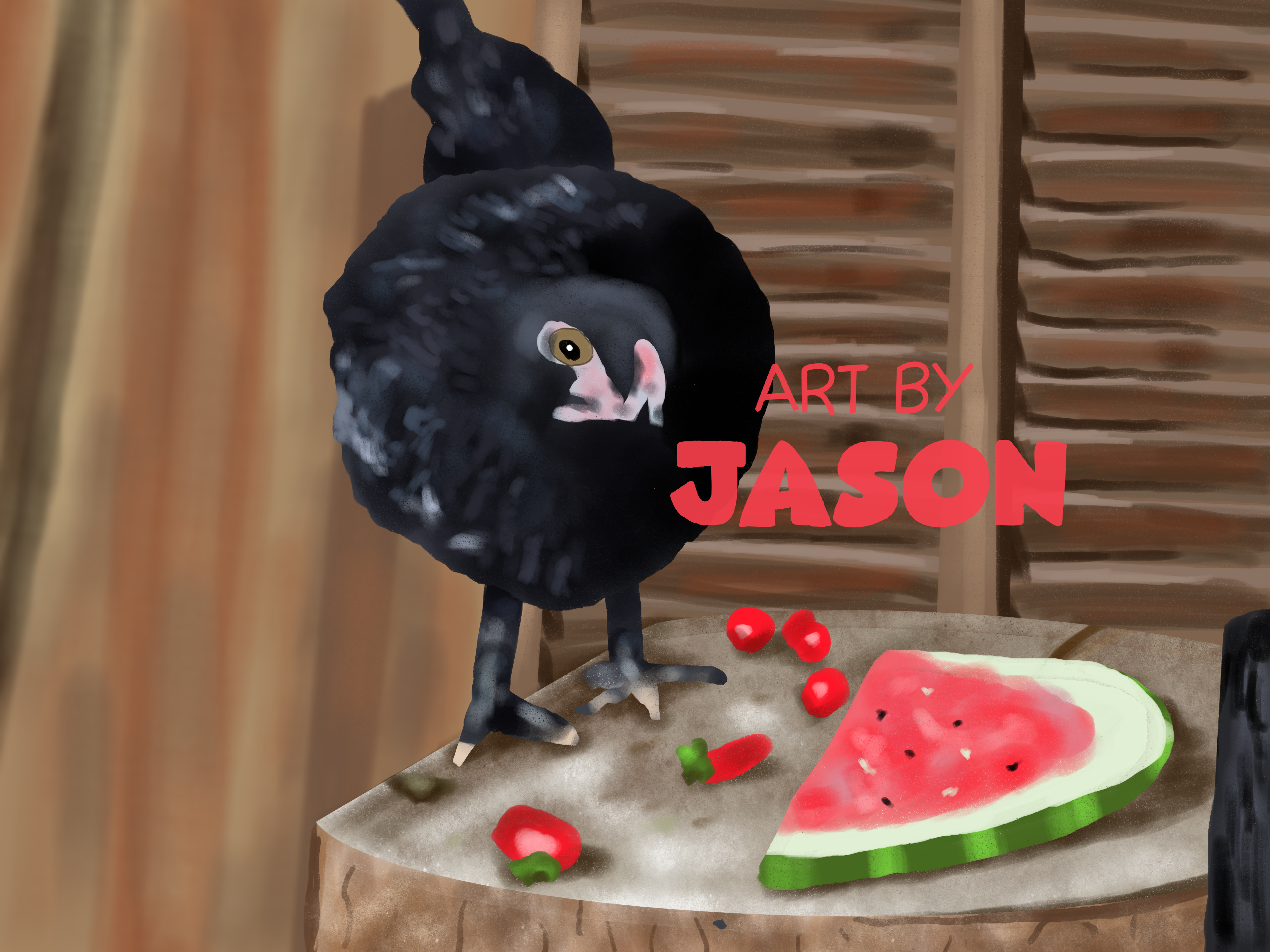 A realistic dark-feathered black chicken stands on a stump next to a slice of red watermelon and scattered red peppers, on a warm-toned wooden backdrop; dramatic lighting and rich earthy tones.