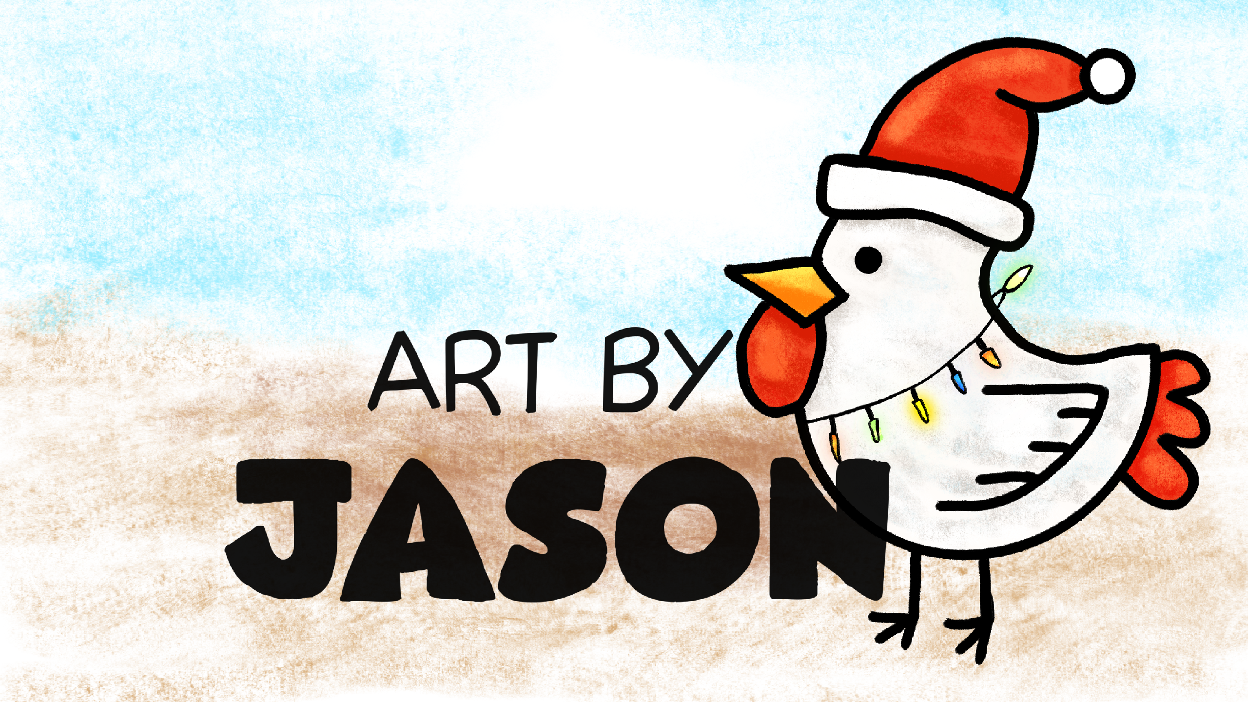 A simple white cartoon chicken wears a red Santa hat and has colorful Christmas lights draped around its neck, on a pale blue-and-cream watercolor background; whimsical, hand-drawn feel.