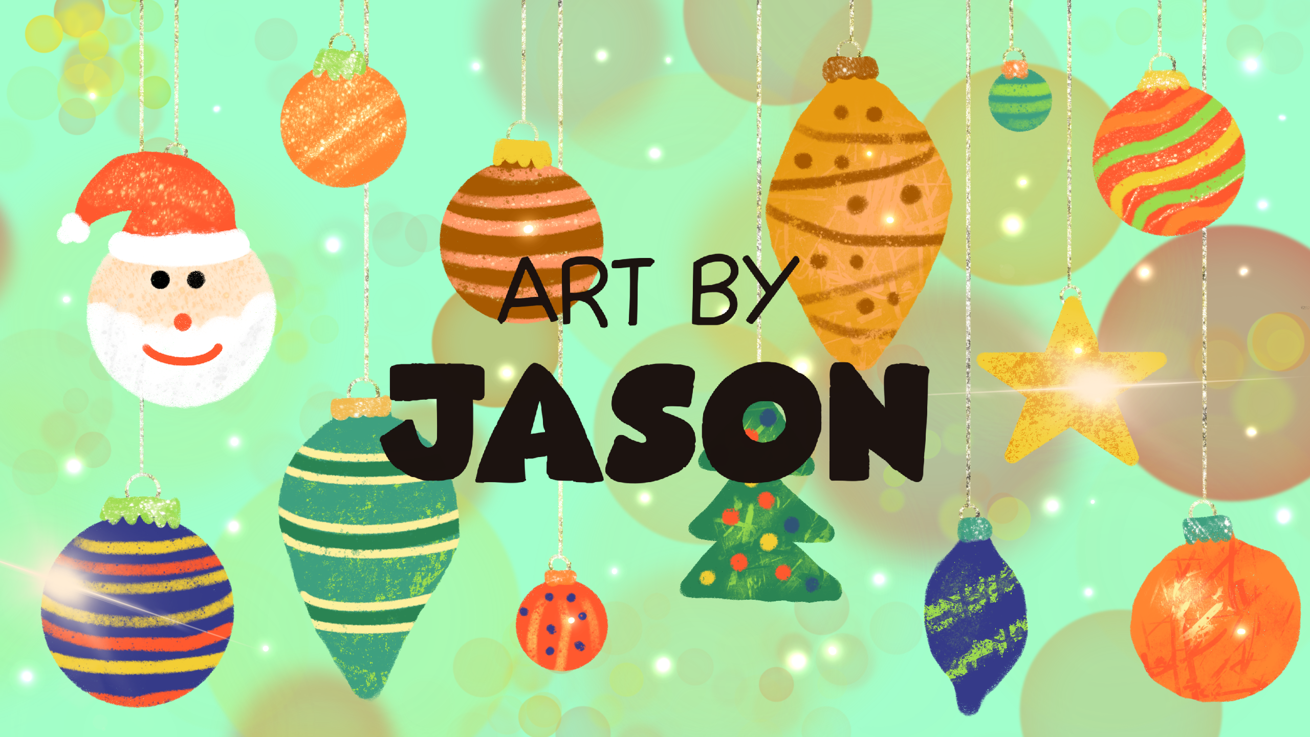 An array of colorful hanging ornaments (teal, orange, red, blue, purple) with various patterns — stripes, dots, Christmas trees — float on a glowing mint-green bokeh background; festive and playful.