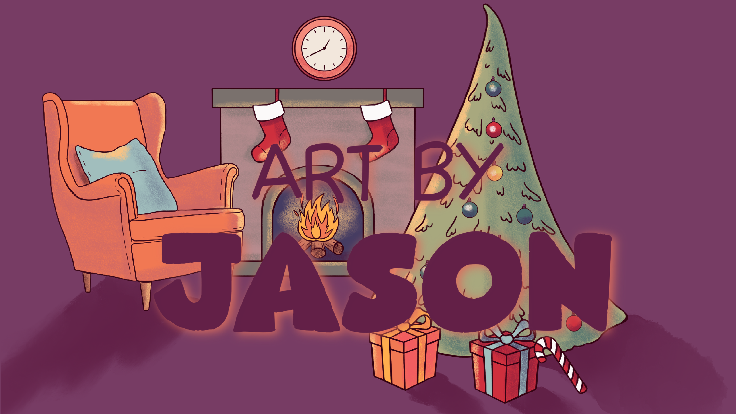 A cozy interior scene: an orange armchair, crackling fireplace with stockings, a decorated Christmas tree, and wrapped gifts, all in deep purple-maroon tones; warm and inviting digital illustration.