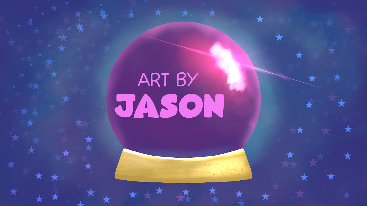 A luminous purple crystal ball with a bright light spark inside rests on a golden stand, surrounded by a deep blue starfield; mystical and glowing with a 3D-rendered feel.