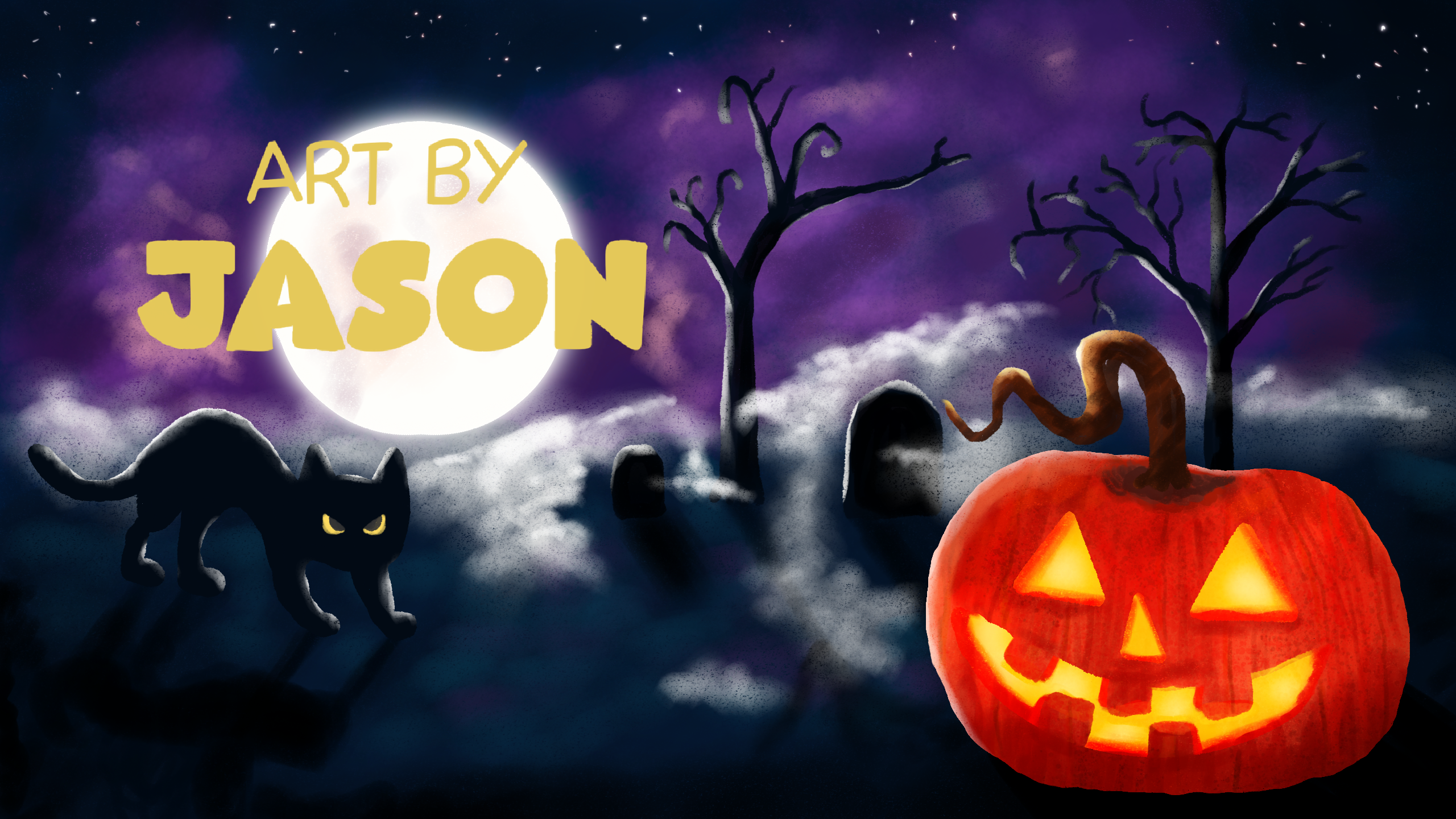 A glowing jack-o'-lantern and a black cat stand in a spooky purple moonlit graveyard with bare trees; moody and atmospheric dark digital painting.