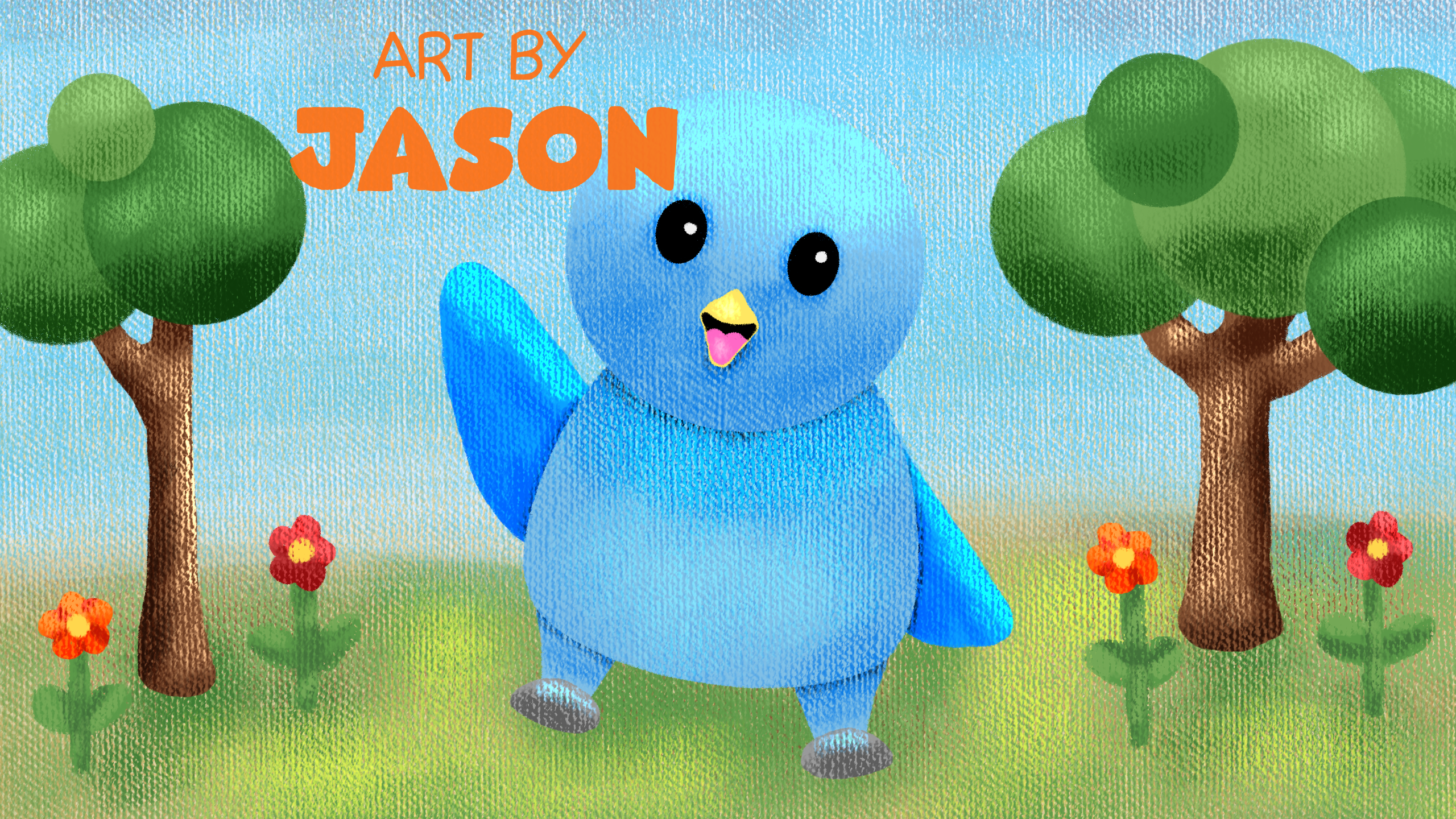 A round, plump blue cartoon bird with rosy cheeks waddling between two green trees with red flowers on a light rainy-day background; cute, soft-textured, and charming.