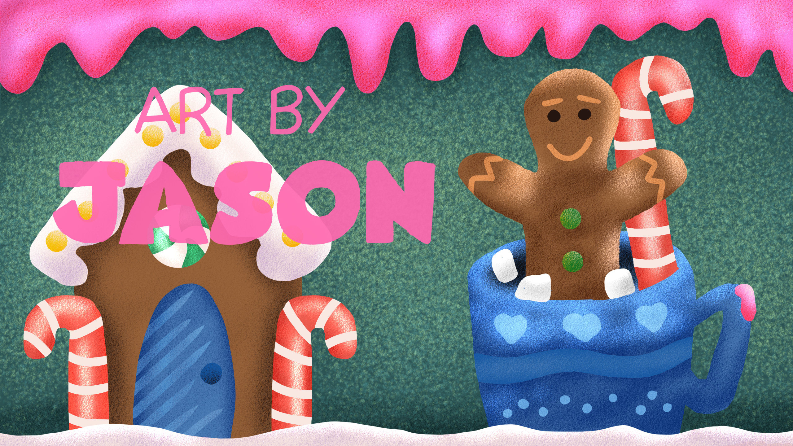 A gingerbread house and a gingerbread man peeking out of a mug with marshmallows and candy canes, against a sparkly teal background dripping with pink icing; whimsical and festive.