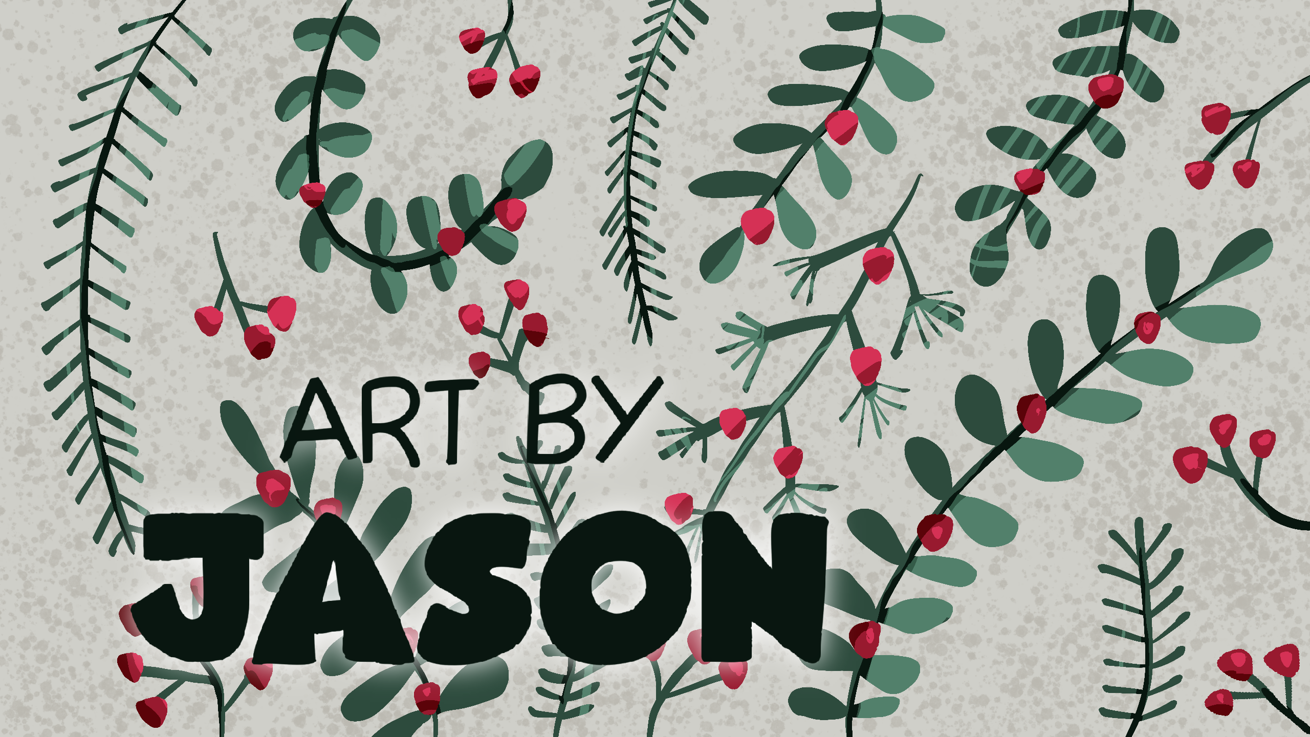 Elegant green holly branches and small clusters of red berries arranged over a soft gray-green textured background; flat botanical illustration style, simple and timeless.