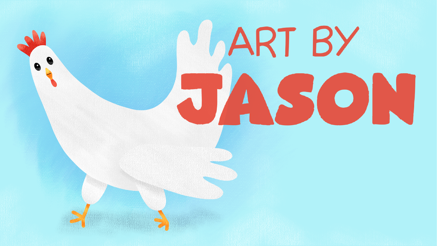 A plump white chicken struts across a light blue background; simple, clean watercolor-style illustration with a red comb and expressive posture.