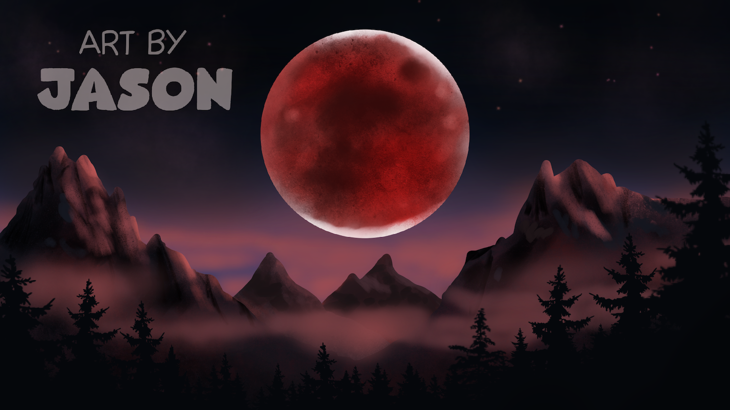 A deep blood-red full moon rises over silhouetted dark mountains and pine trees under a moody purple-gray night sky; eerie and dramatic digital painting.