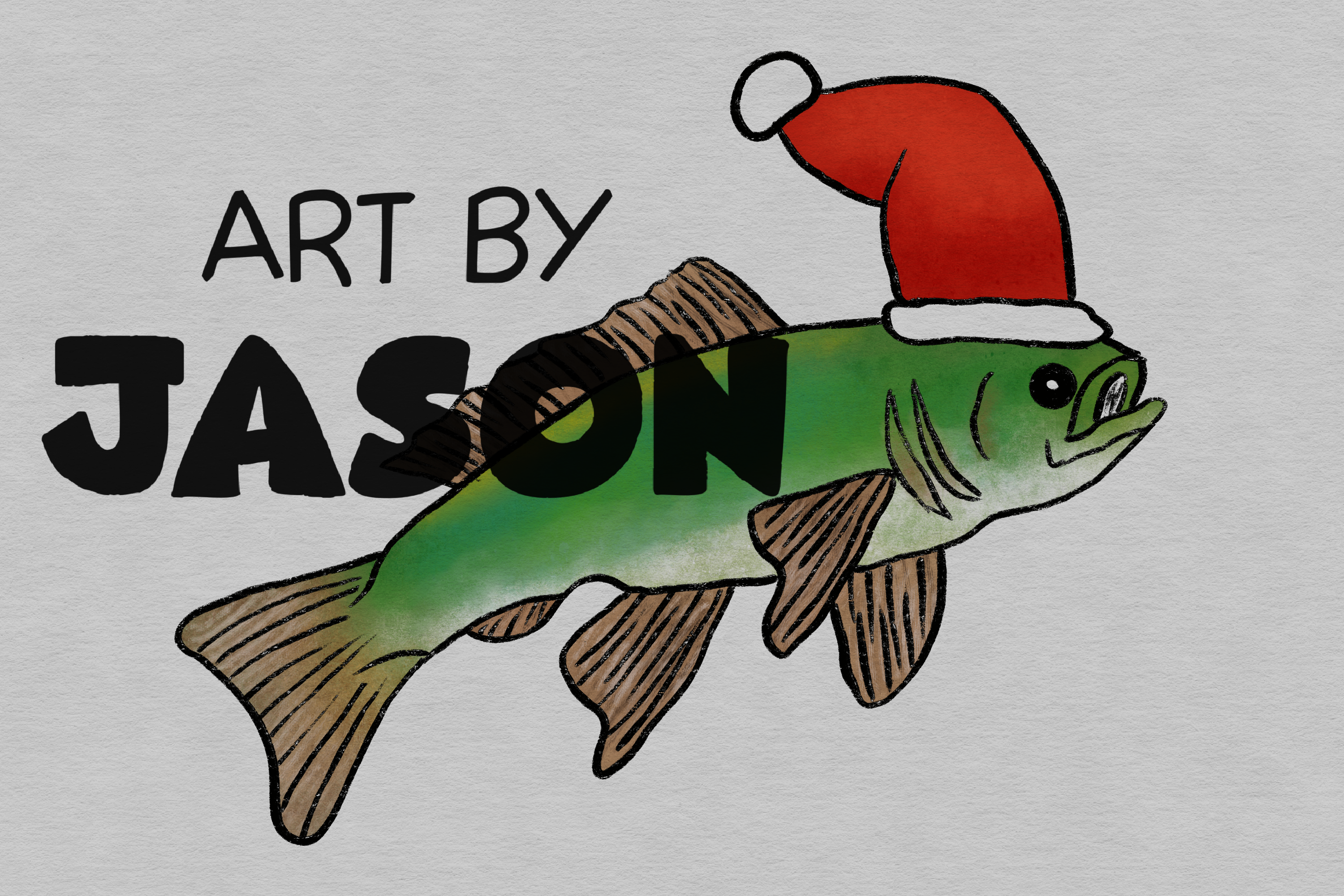 A green-and-brown bass fish wearing a red Santa hat floats on a plain light gray background; simple and humorous watercolor illustration with black outlines.