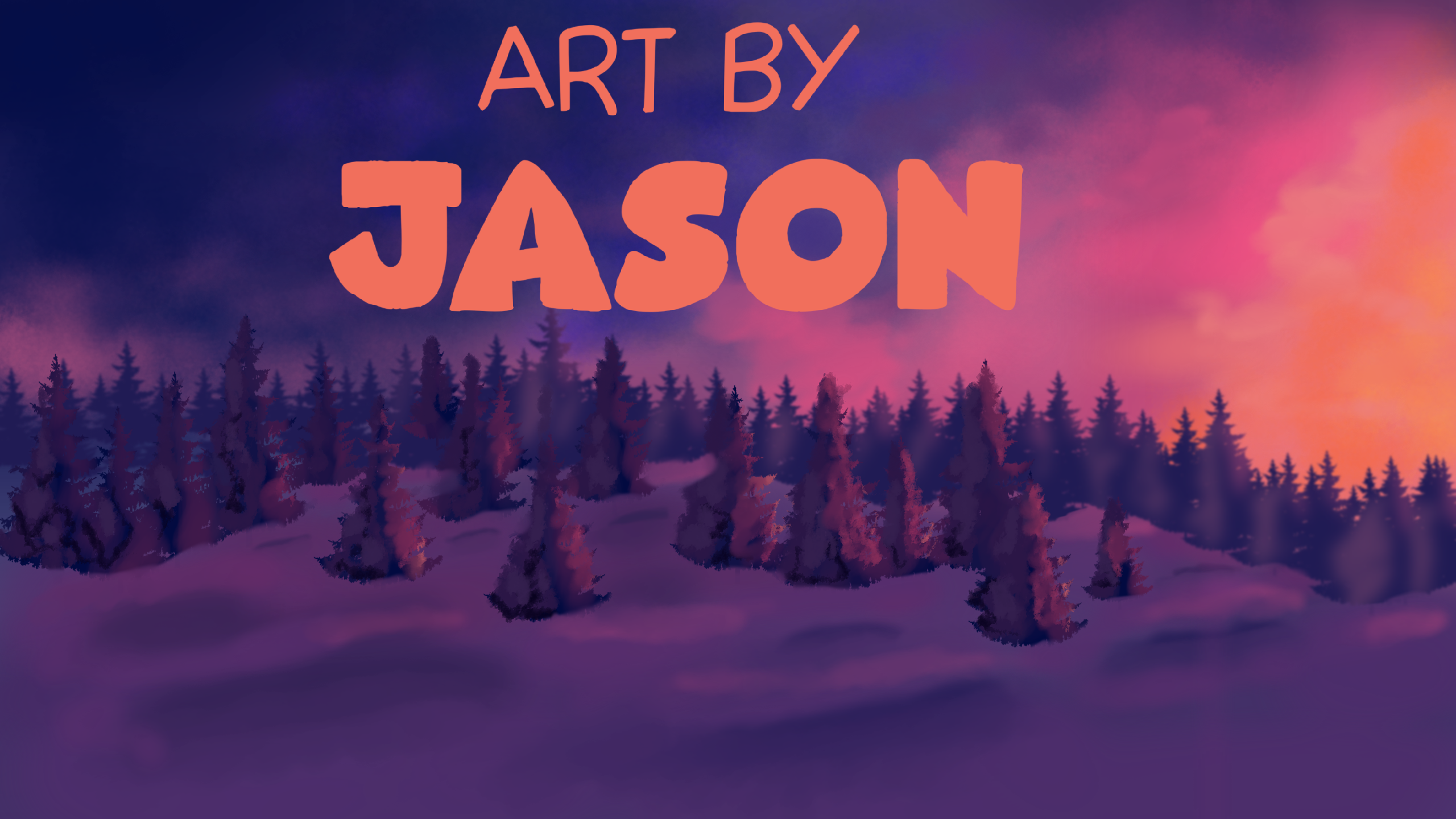 A row of dark silhouetted evergreen trees stands in deep purple-blue snow under a vivid orange-pink-purple sunset sky; atmospheric and painterly with a bold color contrast.