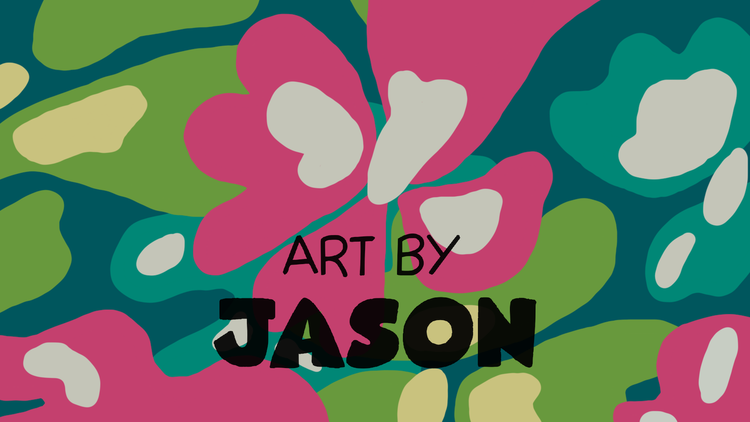 Large bold flower shapes in pink, magenta, and cream with green and teal leaf blobs fill the frame on a dark teal background; flat, graphic, and boldly colored.