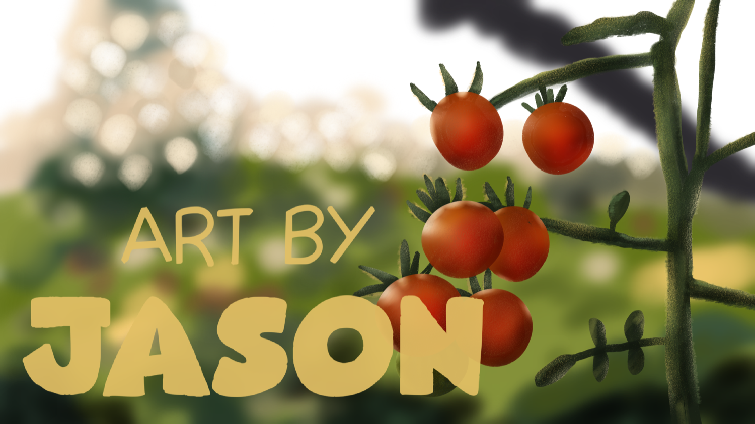 A cluster of ripe red cherry tomatoes hanging from a green vine, rendered in a warm, painterly digital art style, set against a softly blurred golden-hour garden background.