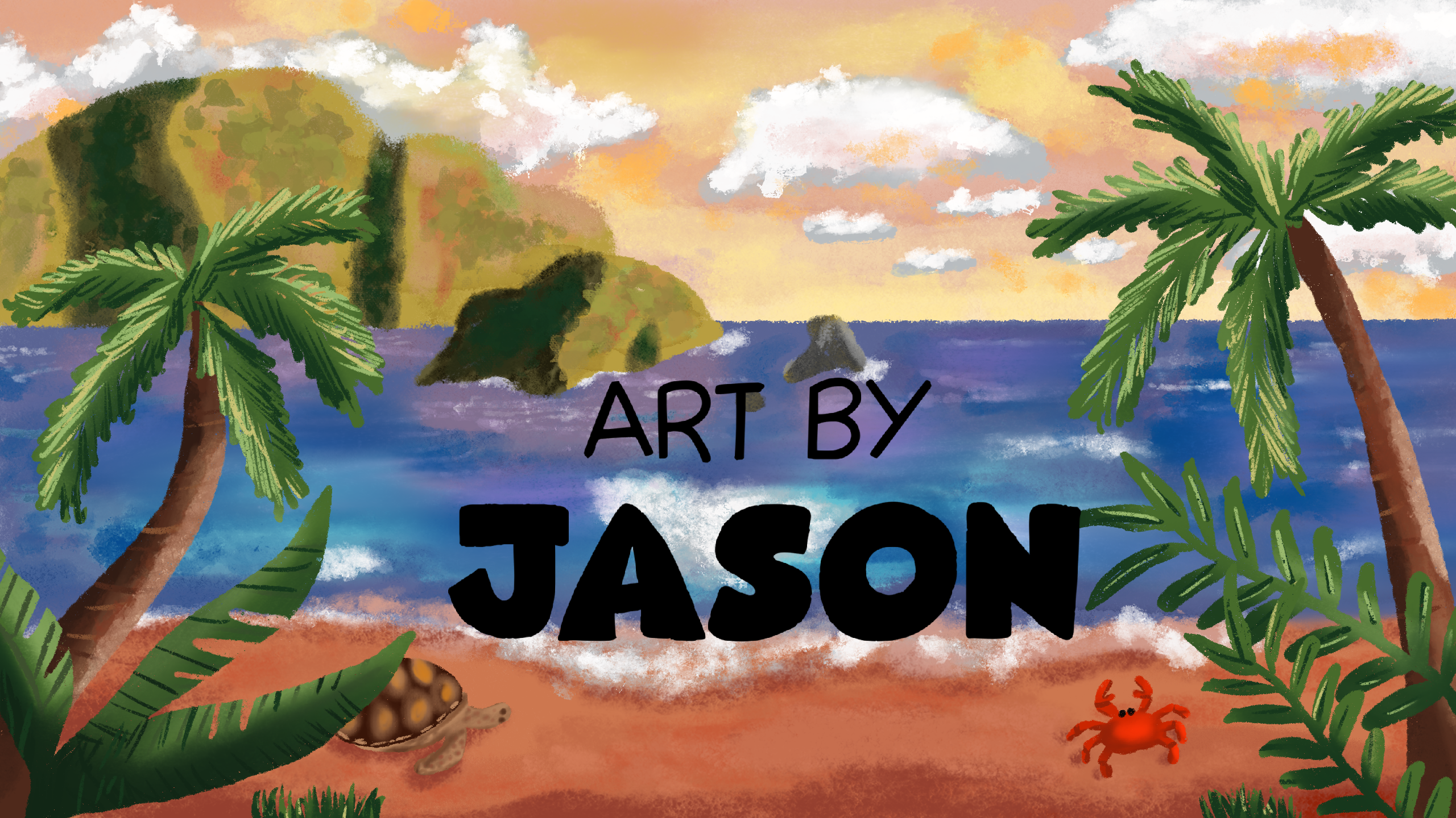 A painterly tropical beach scene with palm trees, turquoise ocean, sandy shore, a red crab, and colorful island cliffs at dusk; lush and inviting with warm golden and blue tones.