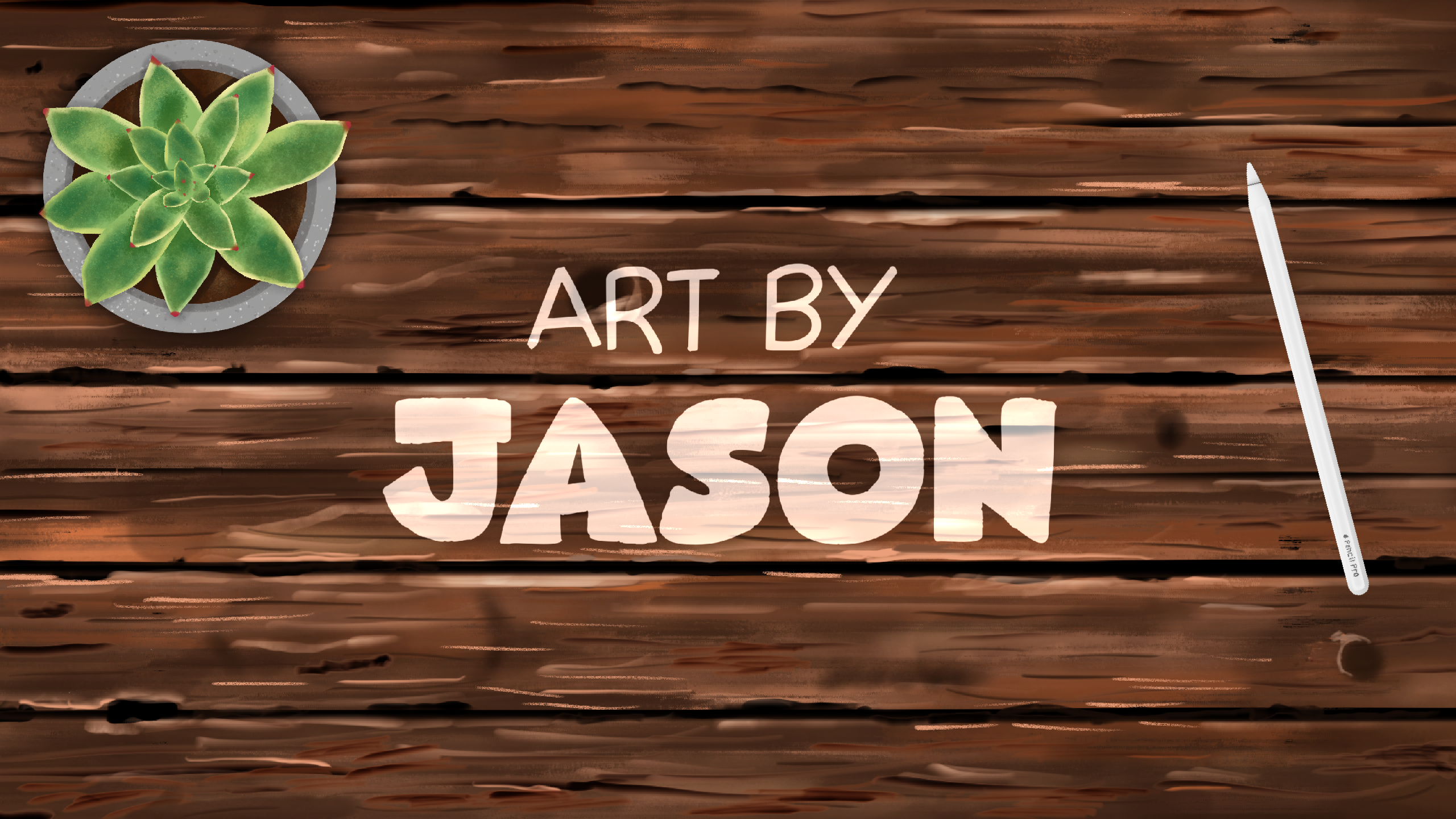 A top-down view of a warm wooden desk with a small green succulent in a round pot and a white Apple Pencil; clean digital illustration with rich wood grain texture, calm and creative.