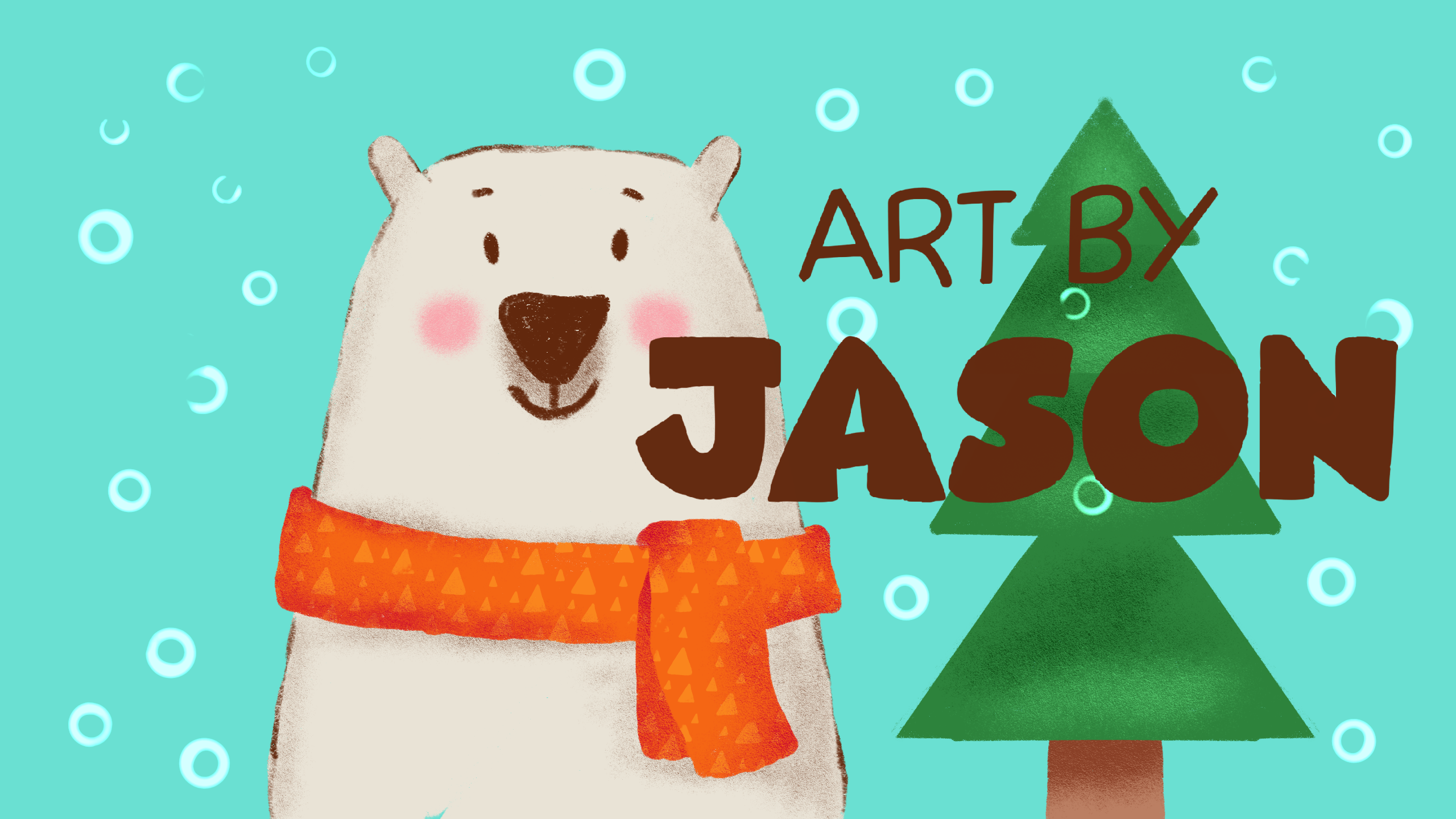 A round white bear wearing an orange scarf stands cheerfully next to a small green Christmas tree on a bright teal background with snow circles; cute, soft, and festive.